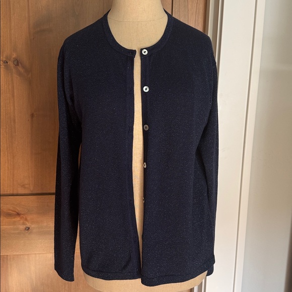 KEVO Navy Glittery Button Down Silk and Lurex Cardigan Sweater Womens S Festive - Picture 1 of 7